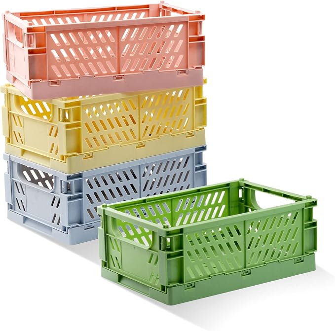 Xhwykzz 4 Pack Pastel Crates for Storage, Plastic Folding Basket, Colorful Small Storage Containers for Bedroom Office Classr