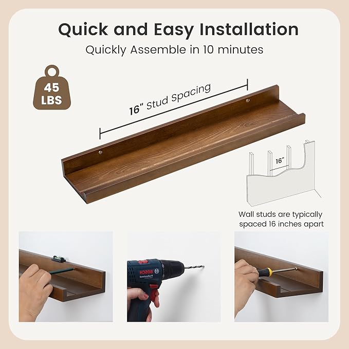 Picture Ledge Wall Shelves 24 inches Width Set of 3, Solid Pine Wood Rustic Floating Ledge Shelves for Wall for Kids' Room Be