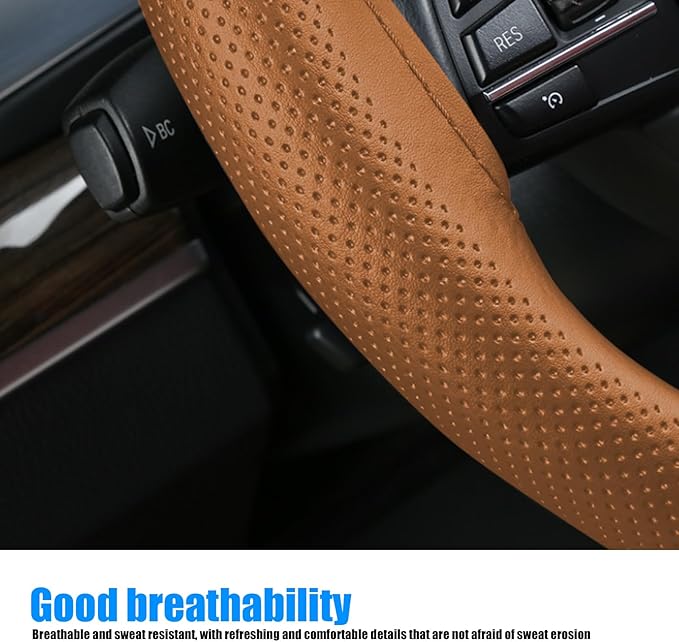Pack-1 Leather Steering Wheel Cover, Universal Non-Slip Stitch On Wrap, DIY Car Wheel Cover Protector with Needle and Thread 