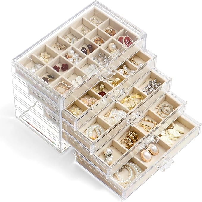 YUFONG Jewelry Organizer with 5 Drawers Clear Acrylic Earring Display Case Velvet Jewelry Storage Box Display Holder for Earr