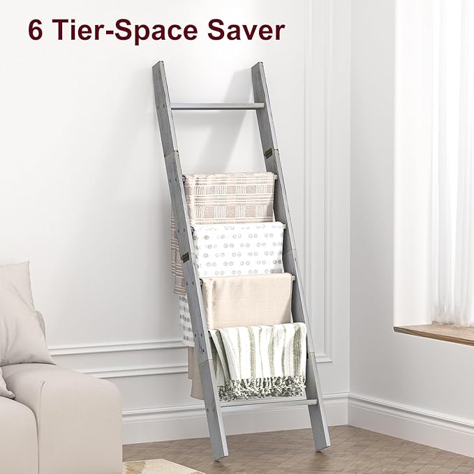 Honest Blanket Ladders for The Living Room, 6-Tier Blanket Holder, Wall-Leaning Blanket Rack, Ladder Shelves, Wooden Quilt La