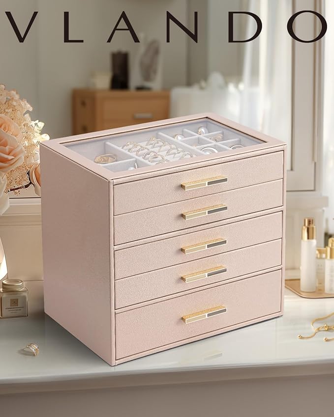 VLANDO 5 Layer Jewelry Box for Women, Glass Lid Jewelry Organizer with 5 Drawers for Necklaces Rings Earrings Bracelets - Tof