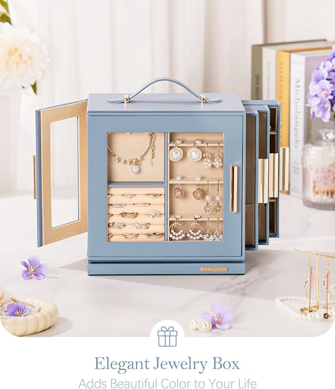 Homde Jewelry Box 360° Rotating, Necklace Earring Organizer with Transparent Window, Mirror, 7 Drawers, Large Ring Display St