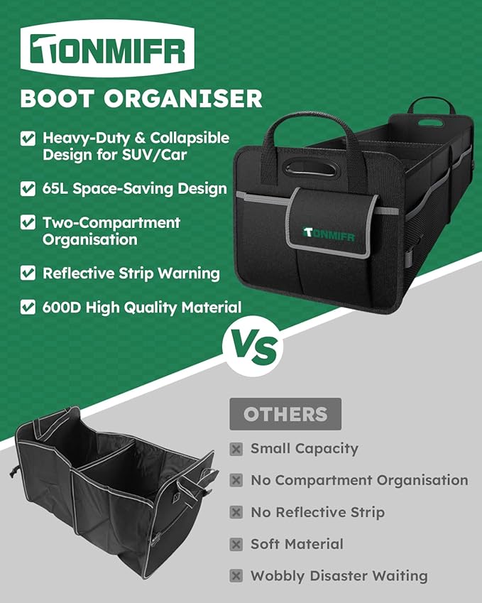 2-Compartment Trunk Organizer & Multi-Compartment Storage Box 600D Waterproof Oxford, with Reflective Strips and 8 Side Mesh