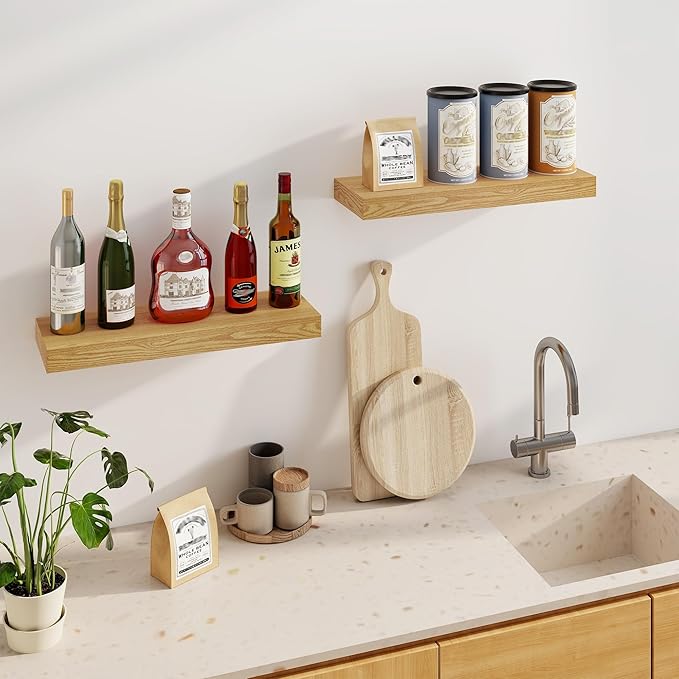 Fun Memories Floating Shelves for Wall, 24Inch Floating Shelves Set of 2, Hanging Shelf with Invisible Brackets, Wood Shelves