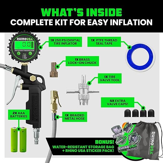 Rhino USA Digital Tire Pressure Gauge with Inflator (250 PSI) Professional Air Chuck & Air Compressor Attachments - High Pressure Tire Gauge with 0.1 Display Resolution - Best Car Accessories (1-Pack)