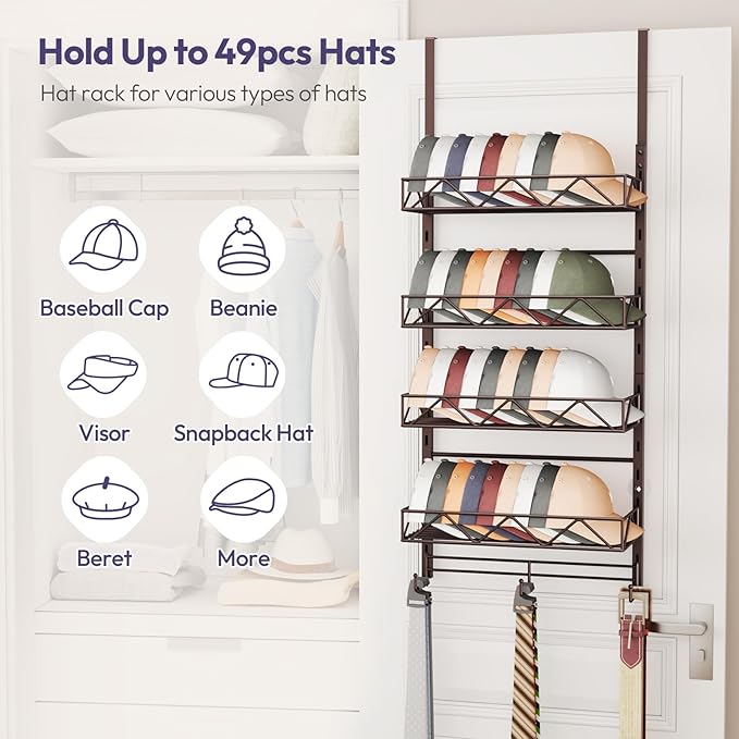 SWTYMIKI Over Door Hat Organizer - 5 Tier Wall Mounted Hat Rack with 4 Adjustable Metal Basket and 3 Hooks, Hanging Baseball 