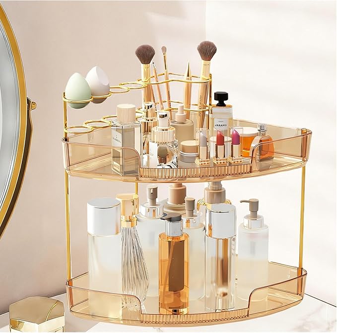 FELIZHOUSE 2-Tier Makeup Organizer for Vanity & Bathroom Countertop – Acrylic Storage Shelf with Perfume Tray & Makeup Brush 