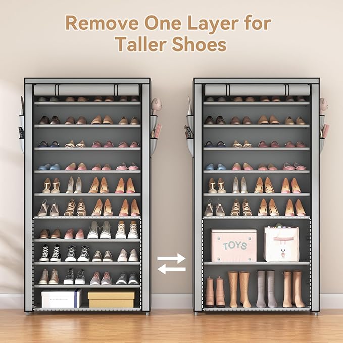 ROJASOP Shoe Rack with Covers, Stackable 10 Tier Tall Shoe Shelf Storage 50-55 Pairs Shoes and Boots Large Capacity Vertical 