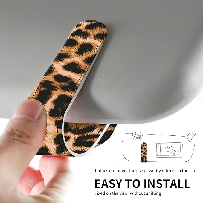 Leather Magnetic Sunglass Holder for Car Sun Visor, Cute Eyeglass Ticket Card Hanger Clip, Universal Auto Interior Accessories for SUV Pickup Truck Classic Leopard