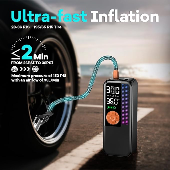 Tire Inflator Portable Air Compressor,150 PSI Cordless Air Pump, 12V DC Car Plug,Dual Power 10000mAh, Fast Inflation 24L/Min, 4 Preset Modes for Car, Bike, Motorcycle, Balls(Orange, 10000mAh)