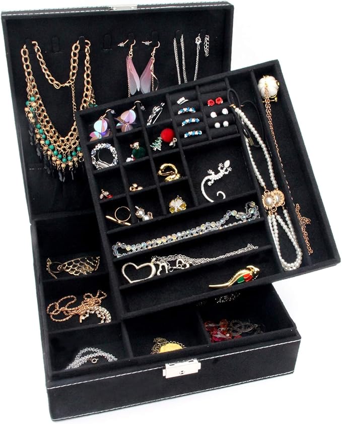 Two-Layer Jewelry Box Organizer Display Storage case with Lock (Black)