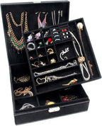 Two-Layer Jewelry Box Organizer Display Storage case with Lock (Black)