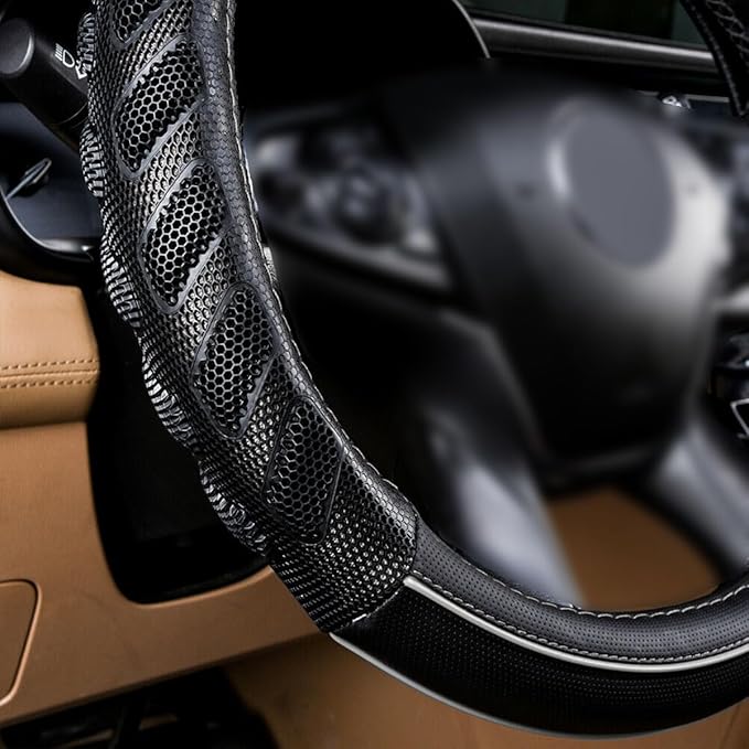 Flying Banner car Steering Wheel Cover Faux Leather Massage Universal fit 3D Honeycomb Hole Anti-Slip Sporty 15 Inches (Grey 