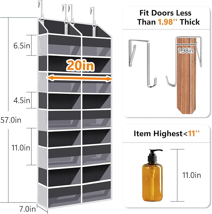 Heavy Duty Over The Door Organizer 5 Tiers, Extra Large Behind Door Storage of 10 Big Front & 10 Mesh Pockets, 80lb Weight Ca