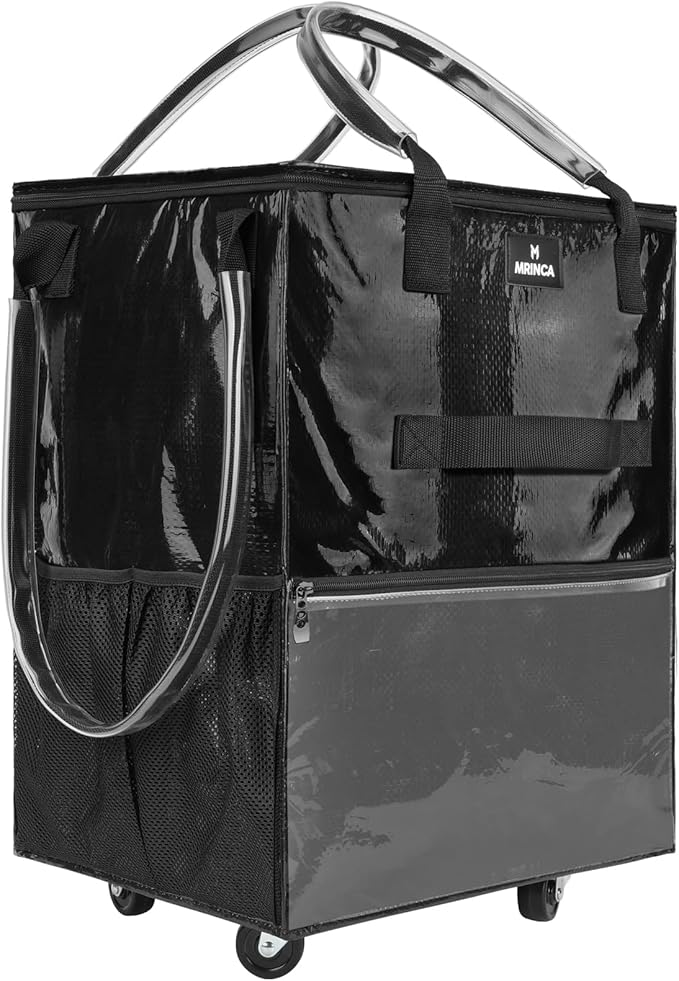Reusable Grocery Bag On Wheels, 70L Foldable Shopping Rolling Tote Bag with 6 Pockets, Shopping Trolley Cart with Zippered Top & 3-Way Handles, Lightweight for Moving, Camping, Travel, Medium, Black