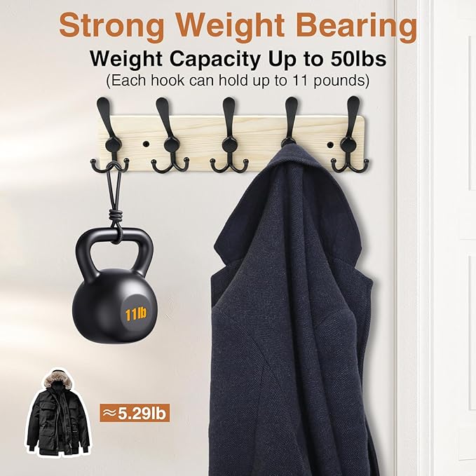 Wooden Coat Rack Wall Mount Heavy Duty, 2 Pack Coat Hanger Wall Mount with 5 Triple Hooks for Clothes, Jacket, Hat, Keys, Spa