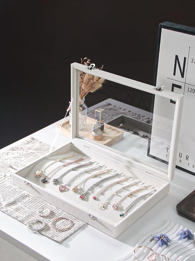 Coward 20 Hooks Necklace Organizer Jewelry Box, Dustproof Necklace Display Holder Case, Beige Velvet Necklace Display Tray Ca