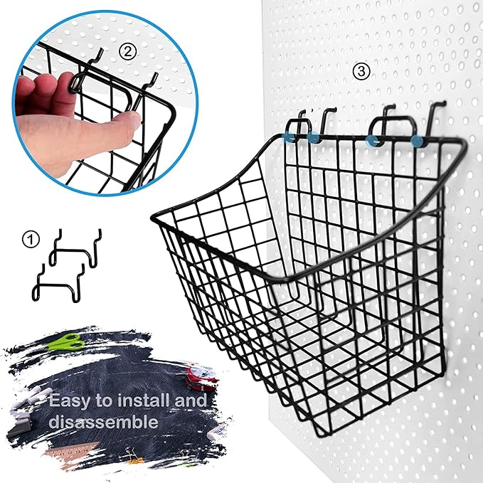 LIGHT DUST 3-Pack Pegboard Baskets with Hooks, Wall Organizer Hooks Assortment, Workbench Storage System for Hardware, Attach