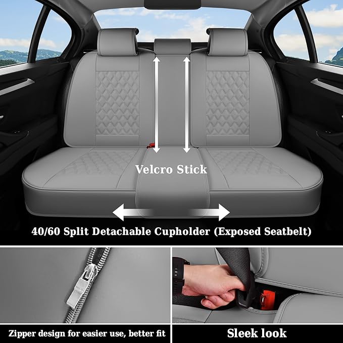 Coverado Full Set Car Seat Covers, Luxury Faux Leather Waterproof Seat Covers, Gray Car Seat Protectors, Universal Fit, Leath