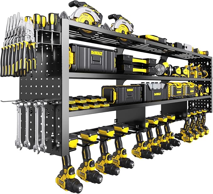 49" W Large Power Tool Organizer Wall Mount, 4 Layer Heavy Duty Metal Tool Storage Rack with 12 Drills Holder, Utility Racks 