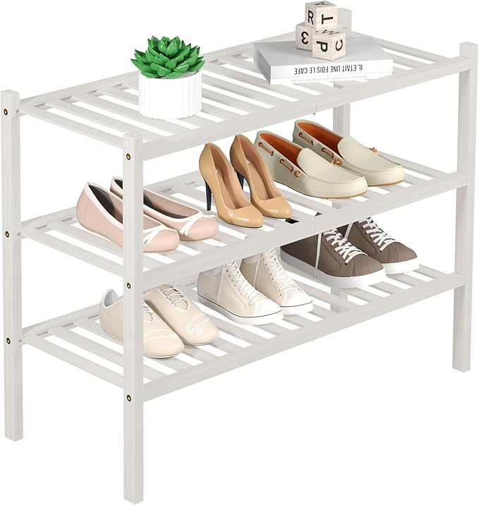 ROMGUAR CRAFT 3 Tier Bamboo Shoe Rack for Closet Free Standing Wood Shoe Shelf Storage Organizer for Entryway Small Space Sta