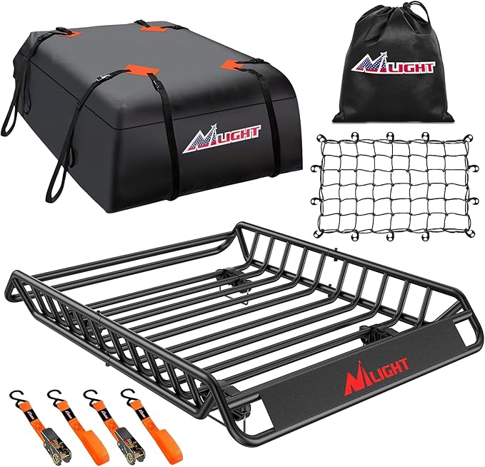 Nilight 51" X 36" X 5" Universal Roof Rack Cargo Basket Heavy-Duty 200LBS Capacity Rooftop Cargo Carrier Luggage Holder & Soft Waterproof|Cargo Bag|Net|Ratchet Straps for SUV Truck Vehicle