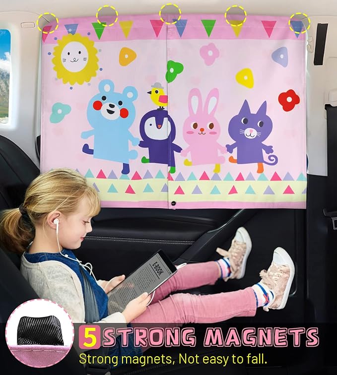 Car Window Shade for Baby, 2pcs Magnetic Auto Sun Shades for Side Windows Double Layer Full & Half Shade Options, Cute Patterns Car Window Curtains for Sun Glare Block