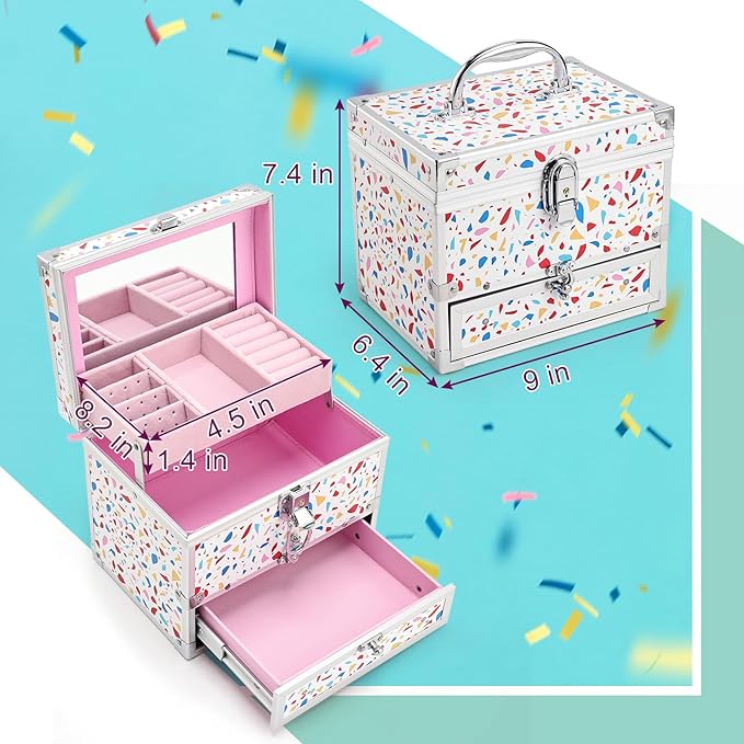 Hododou Girls Jewelry Box Organizer with Drawer & Mirror, Mermaid Tail Style Lockable Storage Case for Kid or Little Girls Je