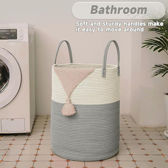 JMvicyroam Large Woven Laundry Basket Hamper,100L Cotton Rope Storage Bin for Blankets,Toys and Clothes,Decorative Tall Nurse
