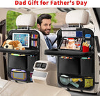 Car Backseat Organizer with Tablet Holder, 6 Storage Pockets Foldable Table Tray Seat Back Protectors Kick Mats Travel Accessories, 2 Pack Black