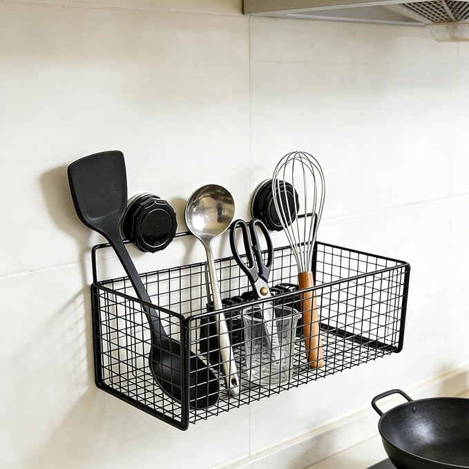 Wall Mounted Wire Basket, Black Metal Storage Organizer with Suction Cups for Kitchen Bathroom