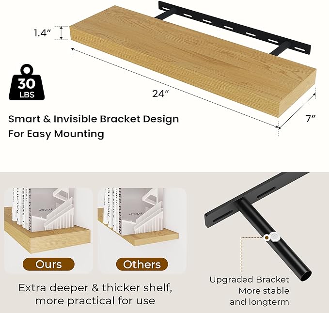 Dreamland 24 Inches Floating Shelves for Wall, 6.7 Inch Deep Floating Shelves Set of 2, Large Display & Storage Shelf, Wall S