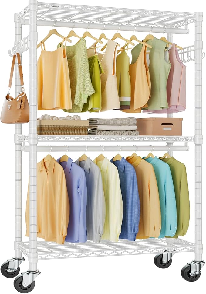 VIPEK R2 Heavy Duty Rolling Garment Rack 3 Tiers Adjustable Clothes Racks with Double Rods & Hooks, Freestanding Wardrobe Clo