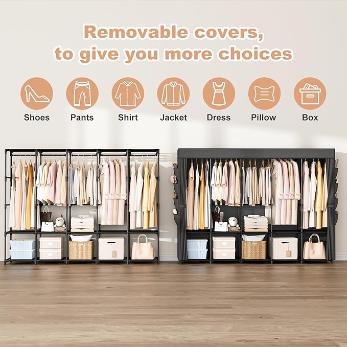 Portable Closet Storage, Portable Wardrobe Closet Organizer Clothes Rack wtih Cover, Hanging Rod, Storage Shelves and Side Po