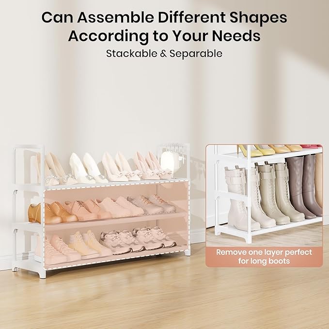 VILICK Shoe Rack for Closet Shoe Organizer Space Saver Storage for 12-15 Pair Shoe Shelf with Hook Free Standing 3 Tier Shoe 