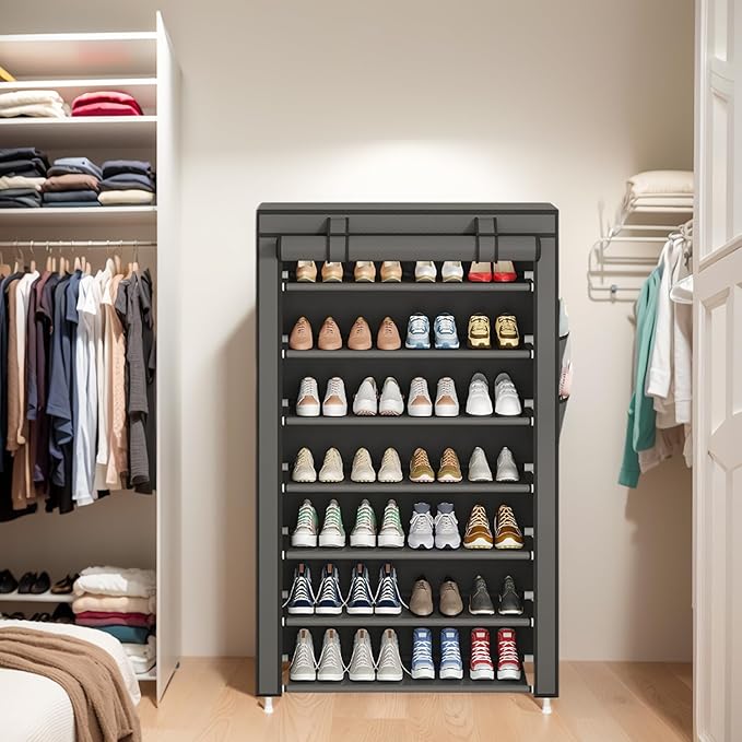 Laiensia 7-Tier Vertical Shoe Rack Organizer, Space Saving Shoe Storage Organizer, Non-Woven Cover Shoe Shelf Holds 28-35 Pai