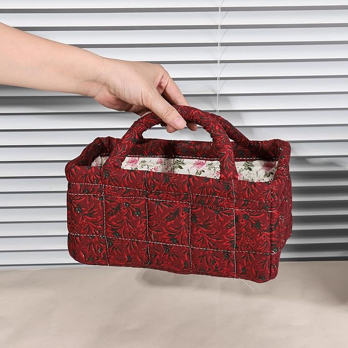 Small Storage Basket Organizer, Mini Fabric Floral Storage Baskets with Handle, Quilted Portable Collapsible Storage (J)