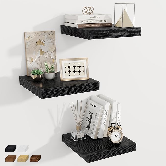 Fun Memories 12 Inch Square Floating Shelves 3 Pack - Wall Shelves with Invisible Brackets, Small Floating Shelves for Wall, 
