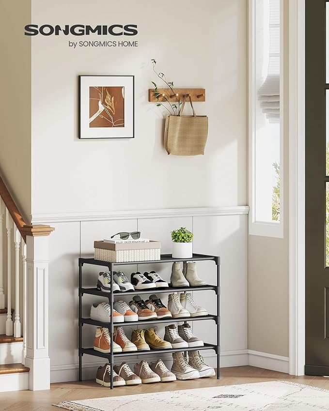 SONGMICS Shoe Rack, 4-Tier Shoe Storage Organizer, Space-Saving, 11.7 x 24.5 x 27.7 Inches, Entryway, Metal Frame, Non-Woven 