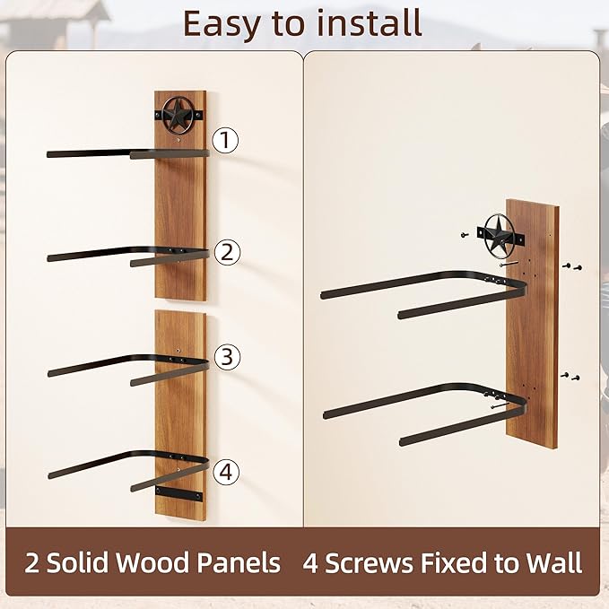 Hat Holder Rustic Wood Star Design – 2-Piece Organizer with Extra Wide Wooden Boards (12cm / 4.72"), 4-Hook Cowboy Hat Rack f