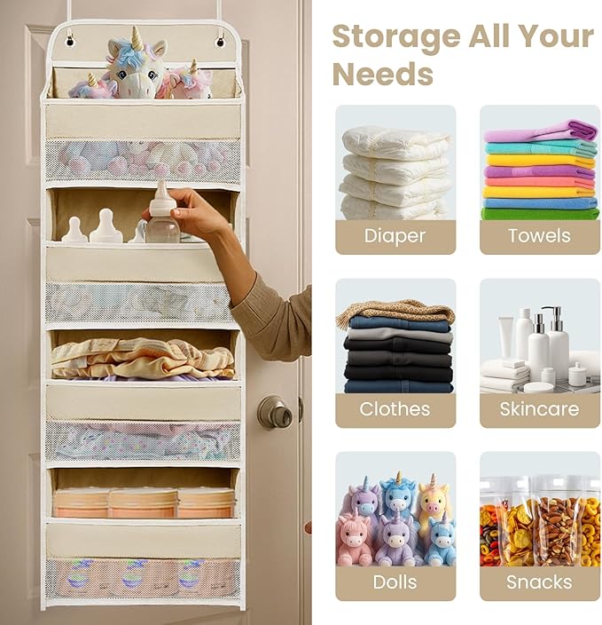 Over the Door Organizer with 4 Side Mesh Pockets, 4 Shelf Capacity Hanging Behind the Door Kitchen Organizers and Storage Sui
