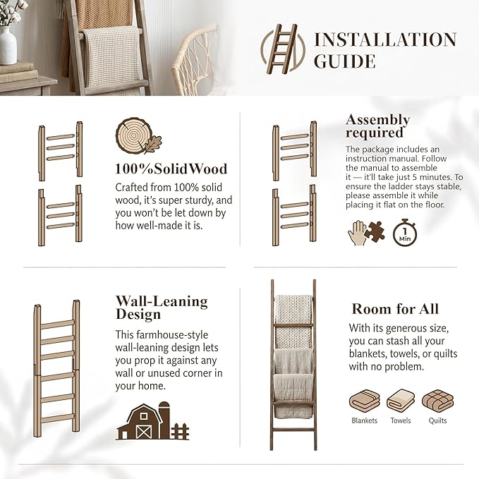 Blanket Ladder 76in Wooden Ladder Shelf Living Room Bathroom Bedroom Decorative Wall Leaning Farmhouse Quilt Display Holder R