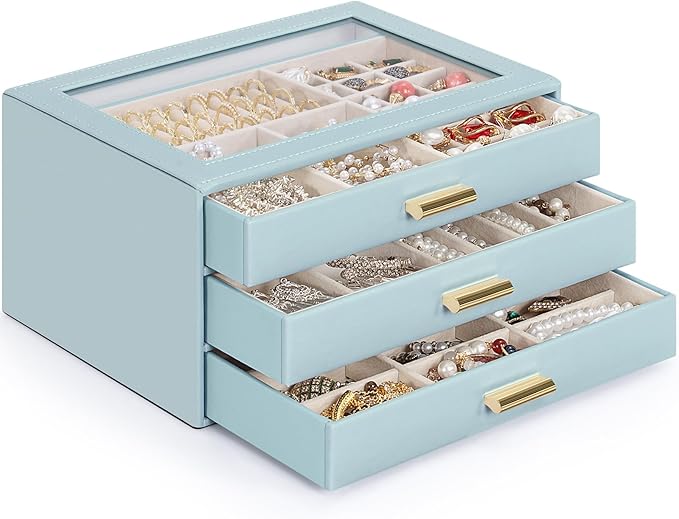 AKOZLIN Jewelry Box with Clear Lid Functional Leather Jewelry Storage Organizer Case 3 Drawers for Women Girls Necklace Ring 
