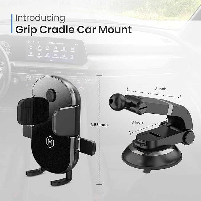 Grip Cradle Car Phone Mount – Universal Compatibility, 360° Rotation, 2 Mounting Options, Hands-Free Convenience for Phones - Multi-Angle Adjustable Suction Cup