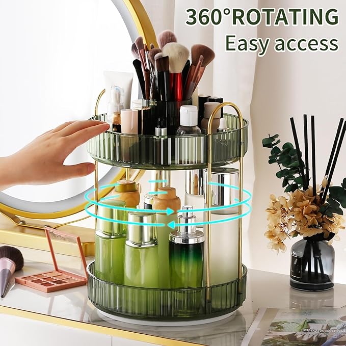 360° Rotating Makeup Organizer, Large-Capacity Skincare Make Up Storage 2 Tier Perfume Organizers Cosmetic Dresser Organizer 