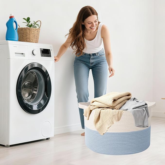 115L Extra Large Woven Cotton Rope Blanket Basket with Handles, Laundry Hamper Storage Bin for Pillows, Comforters,Clothes, T
