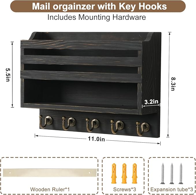 Mail and Key Organizer for Wall – Key Holder Wall Mount with Storage Box and 5 Key Hooks, Mail Holder Wall Mounted for Entryw