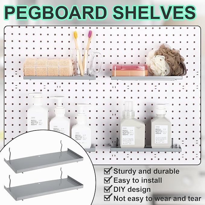 Lineshading 4 Pcs Pegboard Shelves, 10 x 4 Inch Metal Shelf Brackets Pegboard Tray Accessories Wall Organizer for Craft Room 