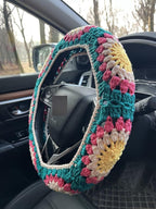 Crochet Sunflower Car Steering Wheel Covers Orange Universal 14-15 inch for Women/Men (C:Steering Wheel Cover)